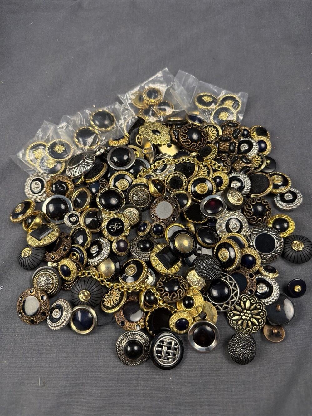 Lot Of Gold & Silver Tone Black Metal Plastic Buttons Shanks 8 oz Vintage 100+